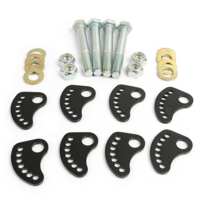 Complete MotoFab Lifts Upper Arm Alignment Cam Kit – Includes 8 precision-cut steel cams, 4 high-strength 10.9 bolts, washers, and lock nuts.